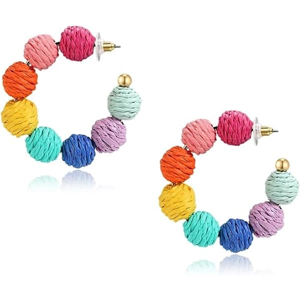 Sommer Boho Raffia Ball Hoop Dingle Rotting Øredobber for Kvinner og Jenter