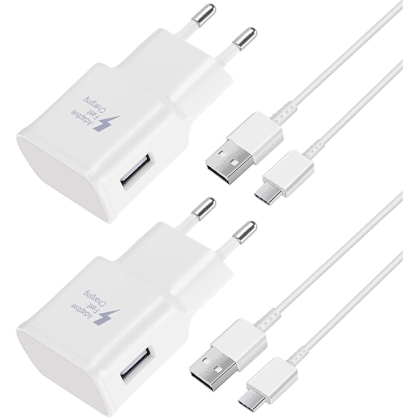 2-pack Snabbladdare, 1,5m Kabel, Kompatibel med Samsung Galaxy S22 S21 S20 S8 S10 S9 Plus Note 7 8 9 10 A53 LG, HTC 2-pack/white