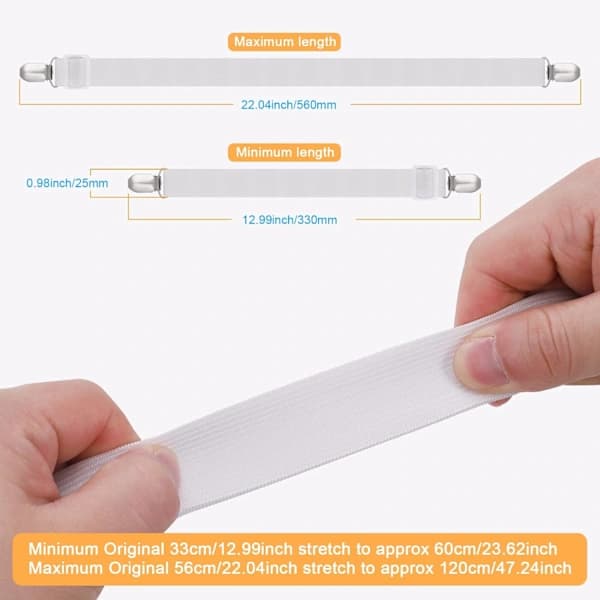 8 Pieces Sheet Clips, Adjustable Sheet Holders, High Elastic Fitted Sheet Straps with Clips, Sheet Fasteners Max Stretch 120cm, Sheet Holder-FX- White White