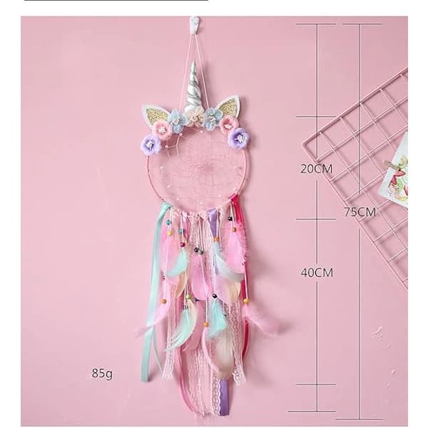 Pink Unicorn Drømmefanger med Farverige Fjer og Blomster