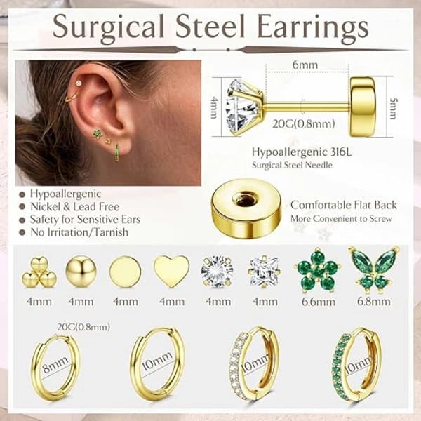 Små øredobber i rustfritt stål, flat bakside for sensitive ører, gullbelagte Gold Plating-Green CZ