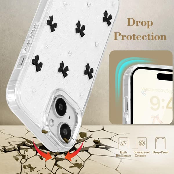 Compatible with iPhone 14 Plus, Bling Glitter 3D Bow Phone Case Cute Sparkly Crystal Clear Bow Slim Soft Durable Protective Cover Black Black Black iPhone 14 Plus