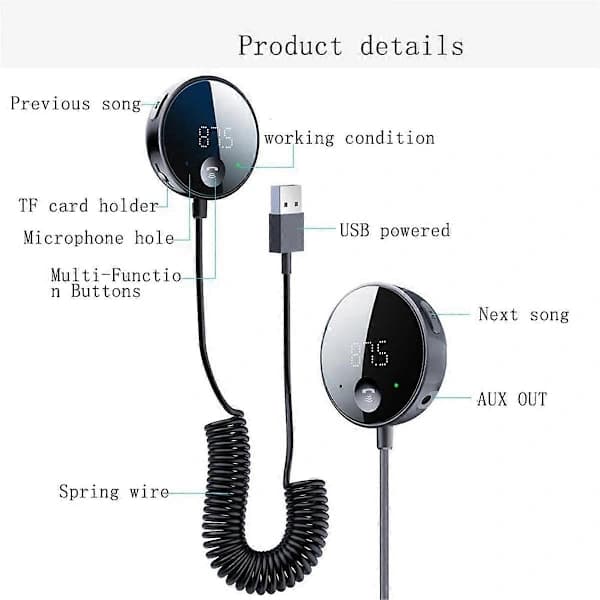 Bluetooth FM-lähetin autoon, Bluetooth AUX-sovitin, Bluetooth-vastaanotin automusiikille/handsfree