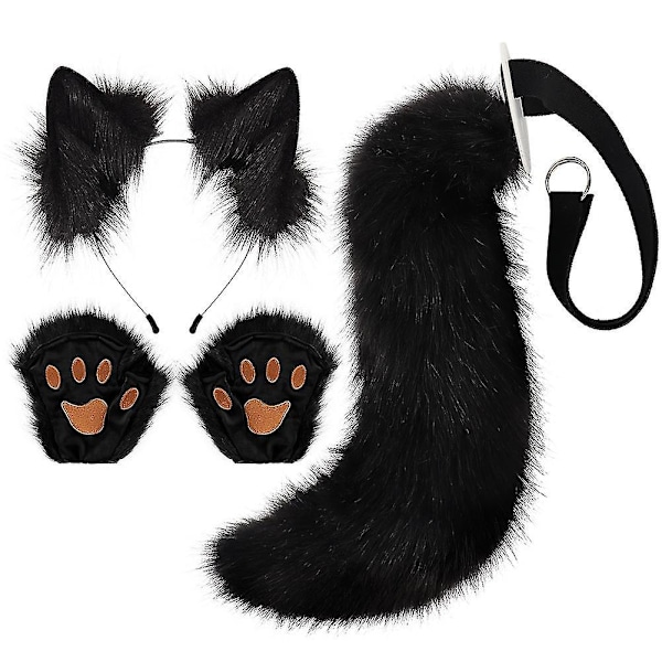 Konstgjord Pälsräv Svans Katt Varulv Cosplay Kostym Set Plysch Mask Fluffiga Tassar Handskar Halloween Jul - hao-WELLNGS Black