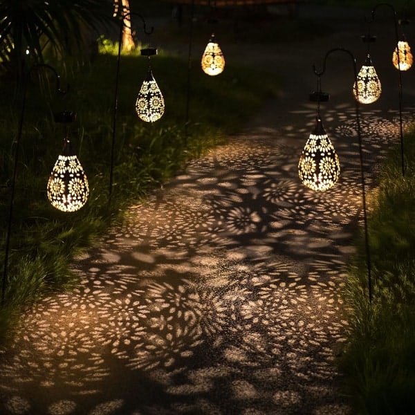 Hængende solcellelamper udendørs have Boho LED blomst vandtæt dekorativ metallampe til veranda have udendørs