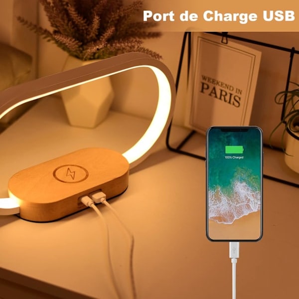 Trådløs Lader Sengelampe, Touch med USB-Port, Induksjonslader med Klokke, Bordlampe med 3 Fargemoduser og Dimbar, Tre & Hvit