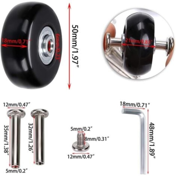 4 st 50x18mm Bagage Resväska Ersättningshjul, Gummi Svängbara Hjul Rullager Reparationssatser Nycklar och Axel Skruvar, Svart.ca