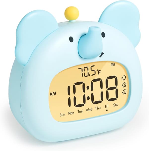 Børnevækkeur, Elefant Natlampe, Digital Søvntræner Med LED Display, 3 Alarmer, Nedtællingstimer, Genopladelig, Blå