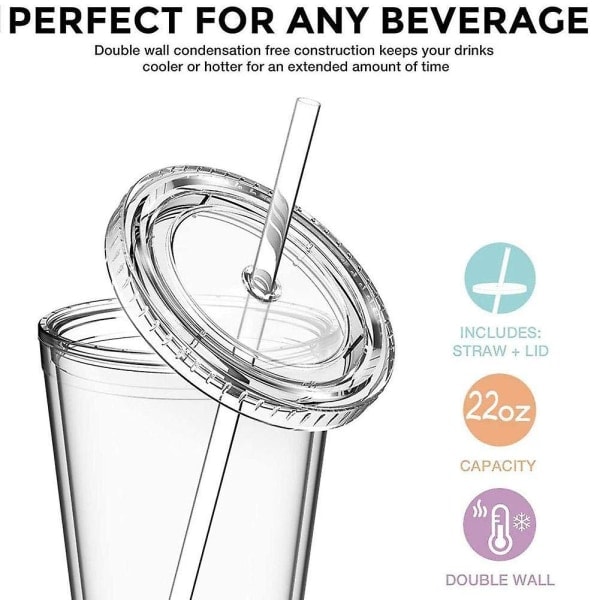 CASA Dubbelväggig plastmugg med lock och sugrör, isolerad kaffemugg, 500 ml, transparent