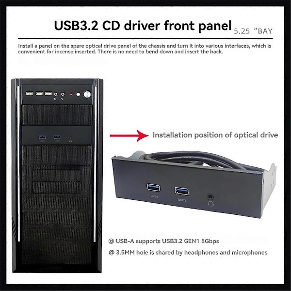 USB3.2 GEN1 Floppy Disk Drev Slot HD-AUDIO Audio Frontpanel 5,25-tommers Optisk Frontpanel Understøttelse af 2x USB