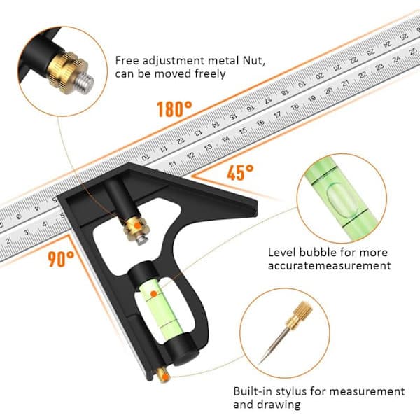Combination Square, 12\"/300mm Stainless Steel Angle Carpenter Tool, 45/90 Degree Ruler with Bubble Level.