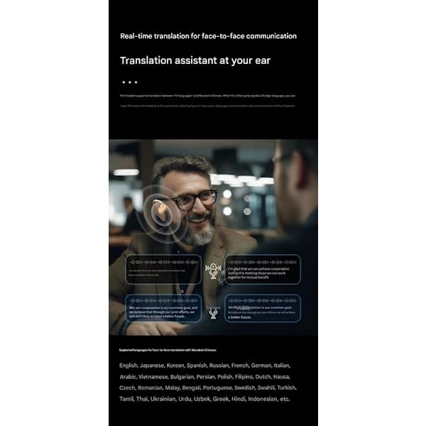 AI smart Bluetooth-headset til realtidssimultantolkning, kan lytte til musik, let at bære, kompatibel med Apple- og Android-computere, sort