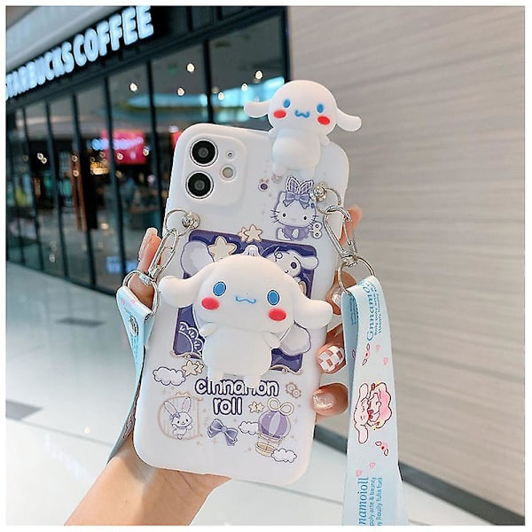 Sanrio Cinnamoroll 3D-kotelo iPhone 14, 13, 12, 11 Pro Max, X, Xr, Xs, 7, 8 Plus: Söpö koiranauhakiinnike, sarjakuva-kuori, rannehihna, peili ja rop Mirror and Rope For iPhone 11