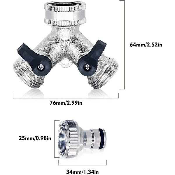 Hagekranfordeler, 2-veis slangefordeler dobbel messingkran med 2 stk. 3/4 tommers krankobling for hagevanning