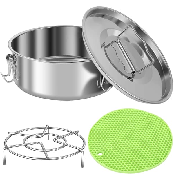 Flanform i rustfrit stål med låg, dampstativ og isolerende måtte til 1,5 Qt Instant Pot Cheesecake Pudding Maker, sølv