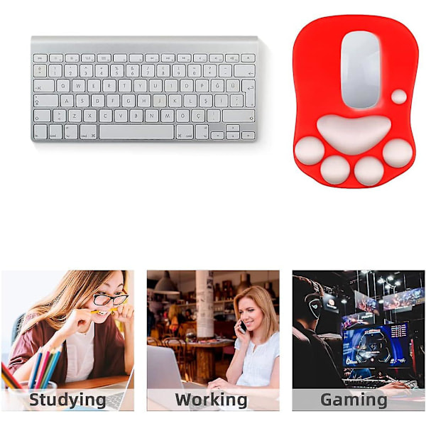 Musemåtte med kattepote og håndledsstøtte, bærbar ergonomisk skridsikker gamingmusemåtte til lindring af håndledssmerter (27,2 x 19,6 x 2,8 cm) (Rød)