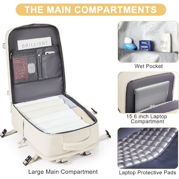 Stor reseryggsäck, flyggodkänd, handbagage, personlig väska för flygbolag, personlig väska för Frontier Airlines, beige