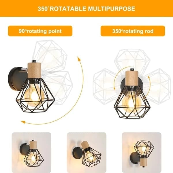 Industriel væglampe 360° roterende væglampe, sort metalbur, E27, retro dekorativ belysning