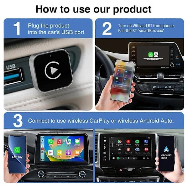 Trådløs Carplays-adapter for iPhone/Androids Plug Play-installasjon på få sekunder for kjøretøy