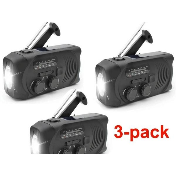 3 st Svarta Vevradio med Solceller, Ficklampa och 2000mAh Powerbank Nödradio, Överlevnad_ca 250