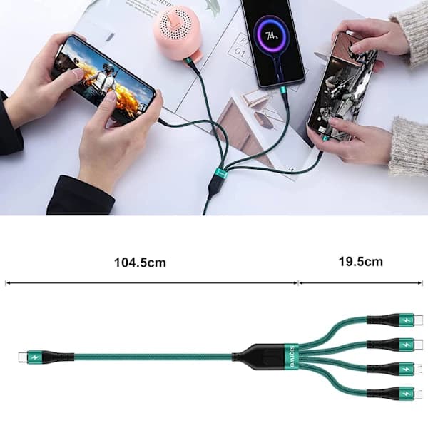 2025 Seneste Model USB C til Multi Kabel, [3A 1.2M] Nylonflettet Type C til 4-i-1 Universelt Ladekabel med 2 x Micro USB/2 x Type C
