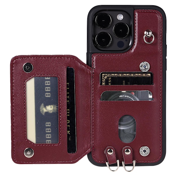 Fodral för iPhone 15 Pro Max Rfid Blocking Pu Läderbelagd TPU-skal med handledsrem Wine Red