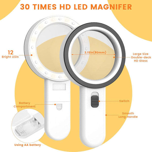 Magnifying Glass with Light, 30X Handheld Magnifier with 12 LED Illuminated Light