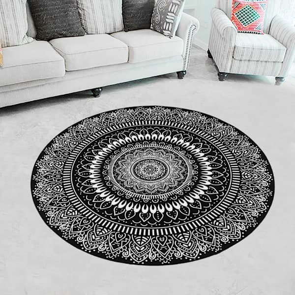 Rundt tæppe med mandala-blomst, tæppe til værelset, skridsikkert gulvtæppe