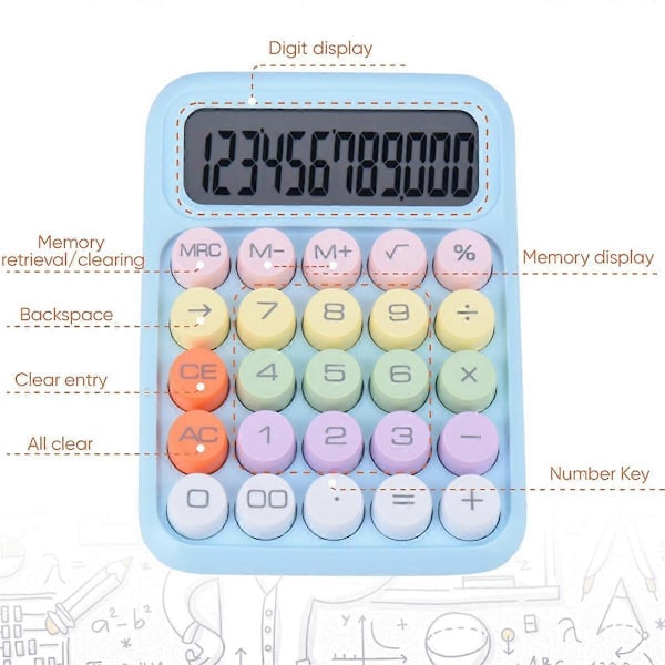 CASA Mekanisk Trykknapsregnemaskine, 12-cifret LCD-display, Store knapper nemme at trykke på, Farverig Candy C