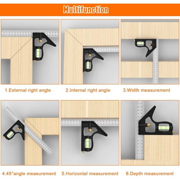 Combination Square, 12\"/300mm Stainless Steel Angle Carpenter Tool, 45/90 Degree Ruler with Bubble Level.