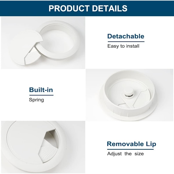 4 Pieces Desk Cable Grommets, 60mm Desk Cable Cover, White Plastic Cable Protector for Table, Cable Cover for Round Cables