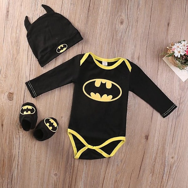 Nyfødt baby gutt jente Batman Romper Jumpsuit sko hatt antrekk sett - WELLNGS Lang Erme 0-6 M