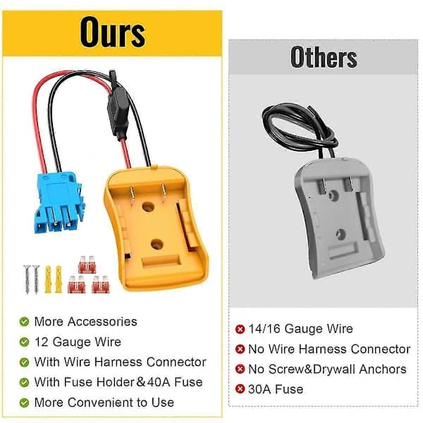 Power Wheels Adapter til 20V Batteri med Ledningsnetforbindelse til Peg-Perego, 12AWG Tråd med 40A Sikring