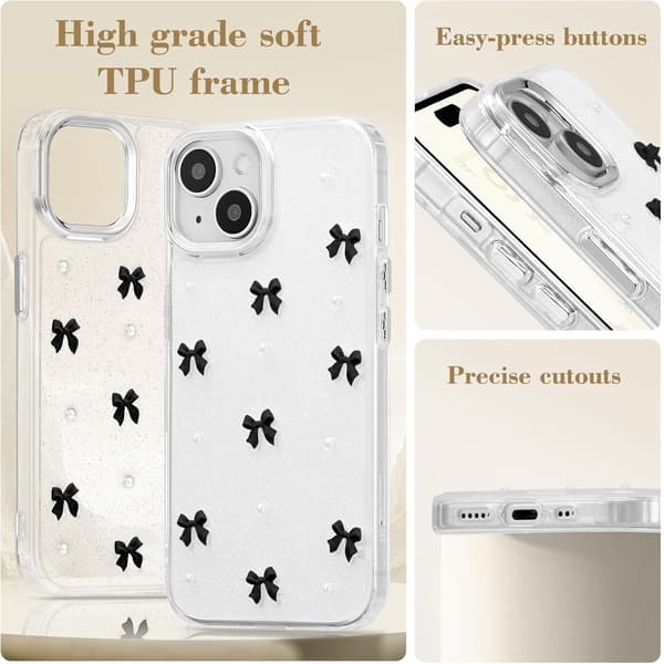 Compatible with iPhone 14 Plus, Bling Glitter 3D Bow Phone Case Cute Sparkly Crystal Clear Bow Slim Soft Durable Protective Cover Black Black Black iPhone 14 Plus