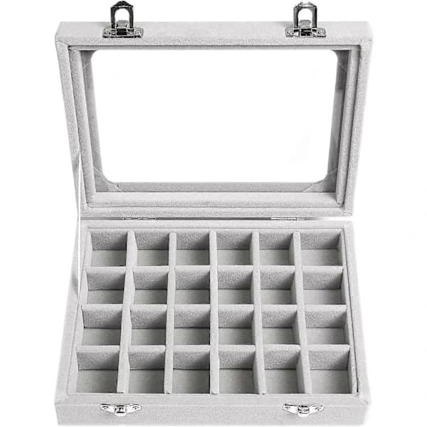 24 Fack Sammet Glas Smyckeskrin Ring Display Organizer Box Örhängen Förvaringshållare (Grå)