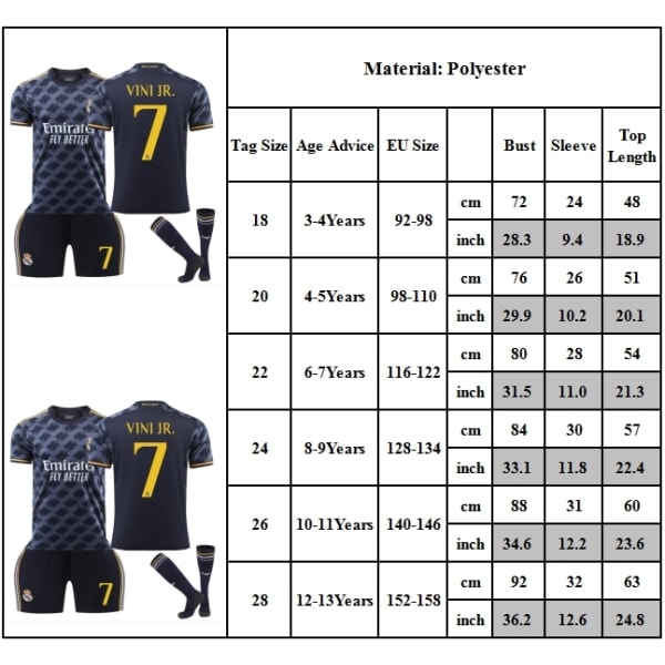 Barn Pojkar Vini Jr #7 Fotbollströjor för Fotboll Ungdomsträningskläder Fotbollsträningsuniform 12-13 År (ca)