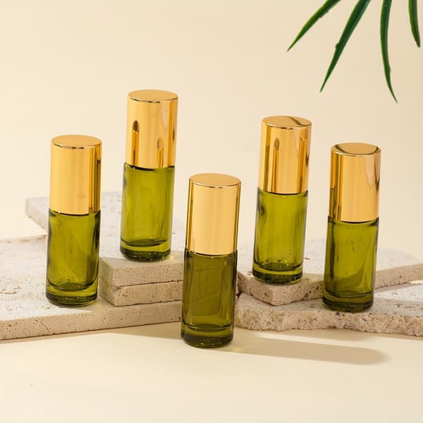 Påfyllningsbara rullflaskor i glas med rullkula i rostfritt stål för eteriska oljor och parfym, resestorlek, olivgrön, 10 ml, 5-pack