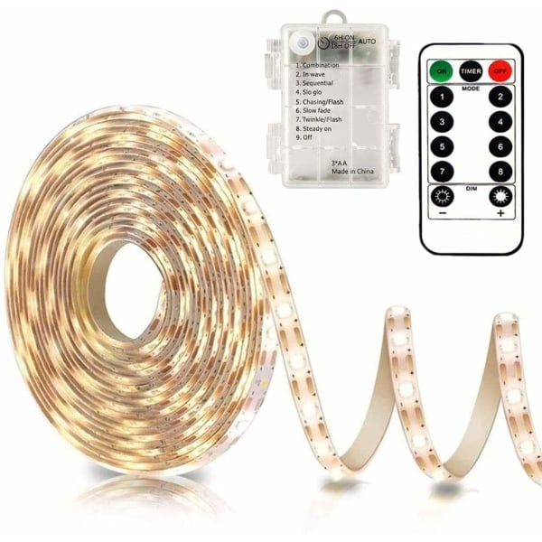 3m batteridrevne LED-strips med fjernbetjening, 90 LED-lys strip vandtæt, 8 tilstande, dæmpbar, timer, selvklæbende, kan klippes (varm hvid) (ca.)