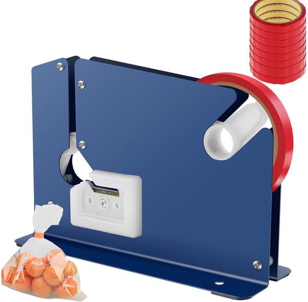 Poseforsegler med teip, metallkropp, sklisikker base, kutter i rustfritt stål, 10 ruller med 12 mm teip for hjem, bakerier og supermarkeder