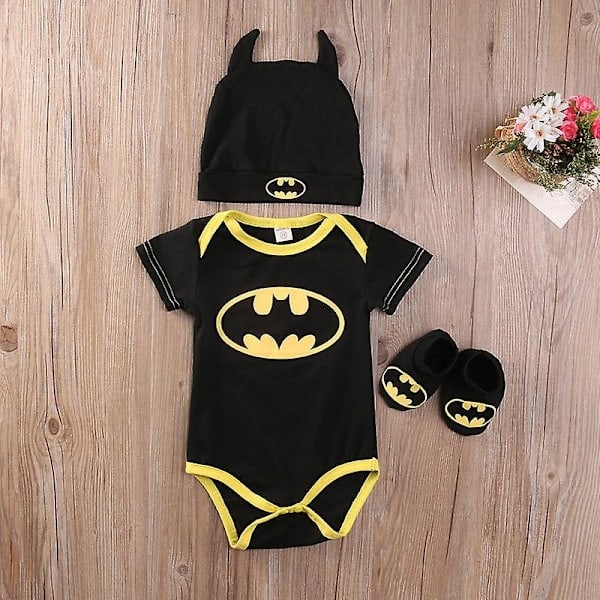 Nyfødt baby gutt jente Batman Romper Jumpsuit sko hatt antrekk sett - WELLNGS Kort ermet 6-12 M