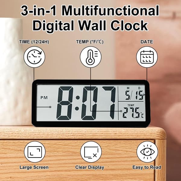 Digital väggklocka med 8 tums LCD-skärm, tid, temperatur, datum, batteri- eller USB-driven, för sovrum, kök, kontor, svart black