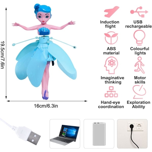 Flygande skimrande älvor Leksak - Crystal Flyers Regnbågsglitter, USB Magic Pixie Flying Fairy. Inomhus Sky Dancers Princess Docka för förtrollande P...