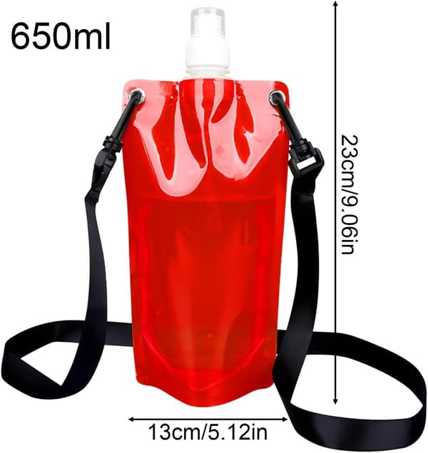 Hopfällbara vattenflaskor, 2-pack, 650 ml PE återanvändbara flaskor med bärremmar, läckagesäkra, för cykling, vandring och festivaler, röd