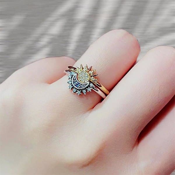 Celestial Sun and Moon Ring Set, Sparkling Sun Moon Ring with 14k Gold/Silver Plating