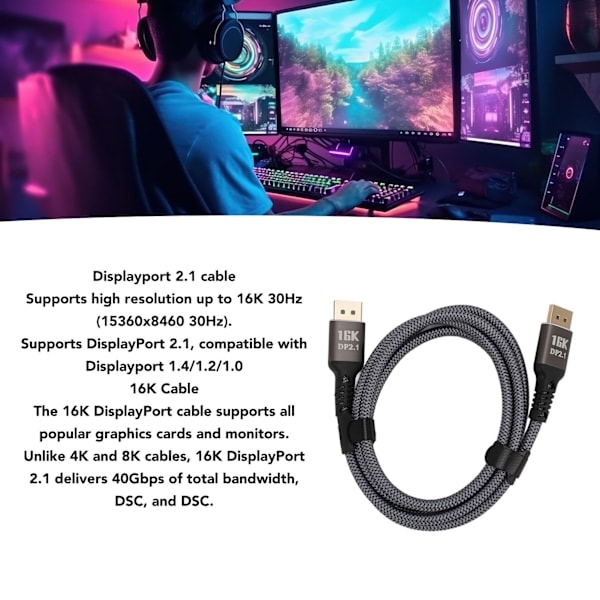 DisplayPort 2.1-kabel 16K 30Hz 40Gbps 3D Dynamisk HDR Hann til Hann DisplayPort-kabel for FreeSync for G Sync Gaming-skjerm 1,5 m