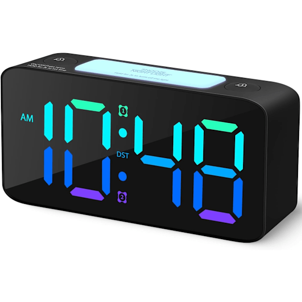 Super Høy Alarmklokke for Tunge Sovere Voksne, Digital Klokke med 7 Farger Nattelys, USB-Lader, Små Klokker for Soverom, Justerbar Volum - Svart black