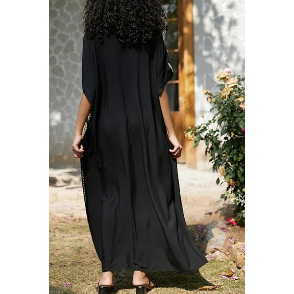 YouKD Kaftan med blomsterbroderi, bohemisk strandklänning, bikiniöverdrag, lång strandkaftan för dam