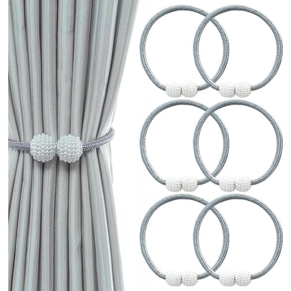 Magnetiska gardinomtag 6-pack, vävda repfästen i polyester för gardiner i hem och kontor, grå 50 cm