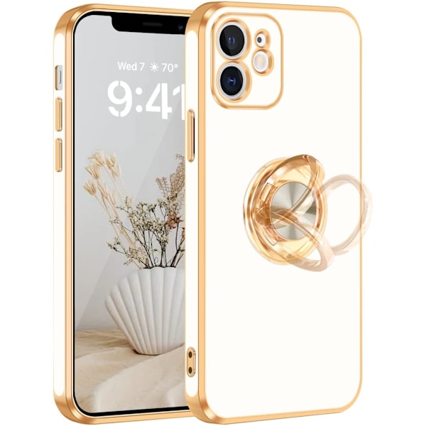 iPhone 12-etui med 360° roterbar ringholder, magnetisk stativ, blank gullbelagt kant, slank myk, hvit