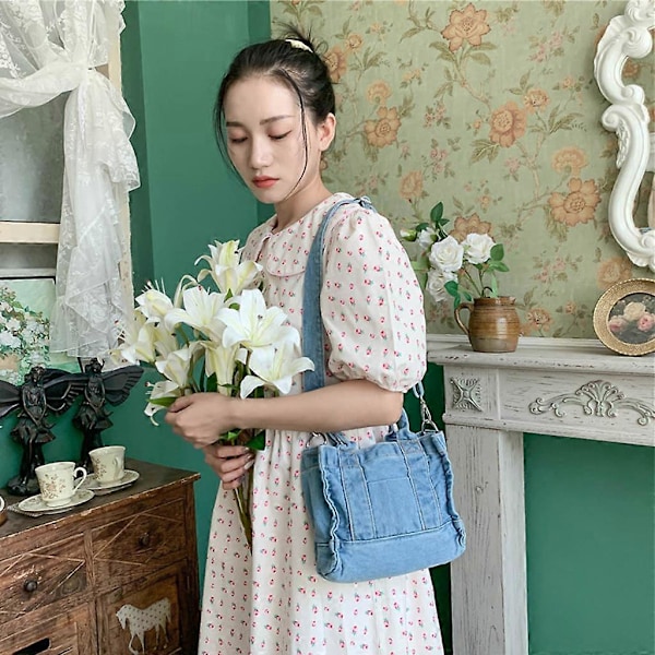 Multifunktionel Blød Denim Lomme Skuldertaske Dame Shopper Taske Dark blue